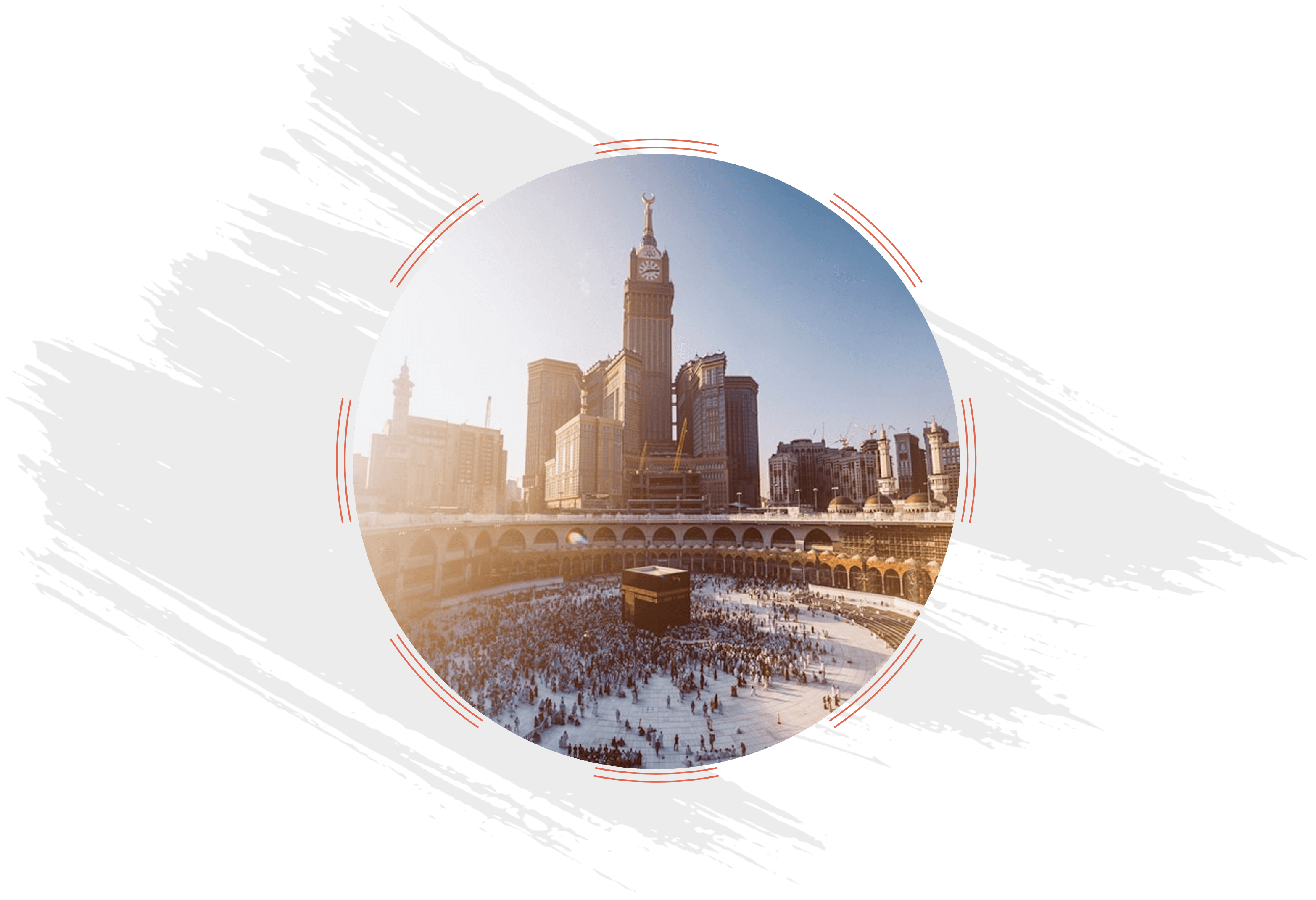 Kaaba and Makkah clock tower in a circular travel illustration