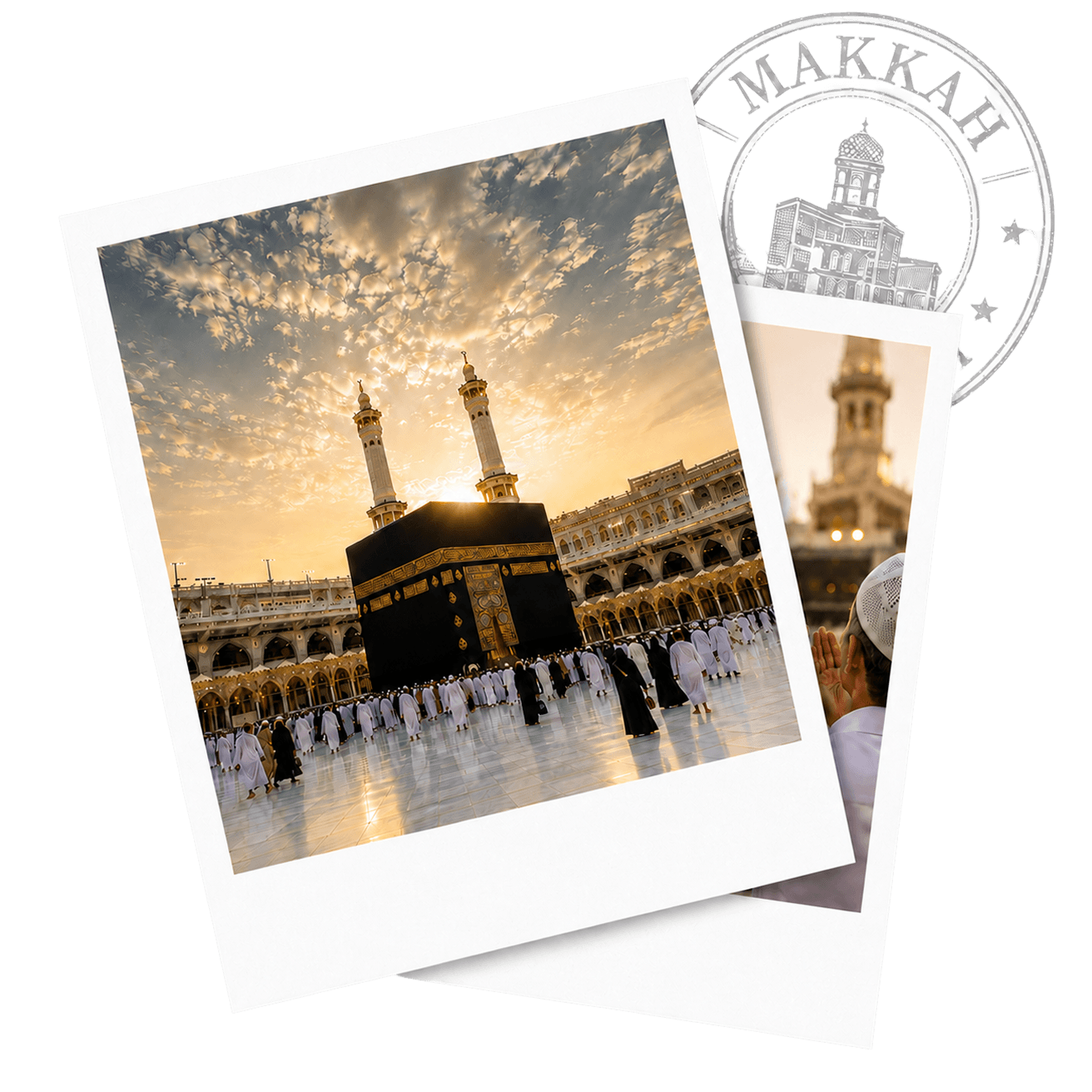 Makkah travel polaroid photos with a destination stamp